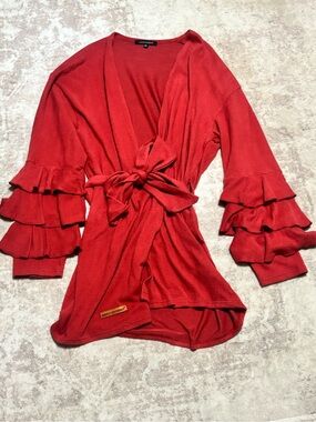 Simply Southern Dark Coral Ruffle-Sleeve Wrap Cardigan - Women’s Cardigans
